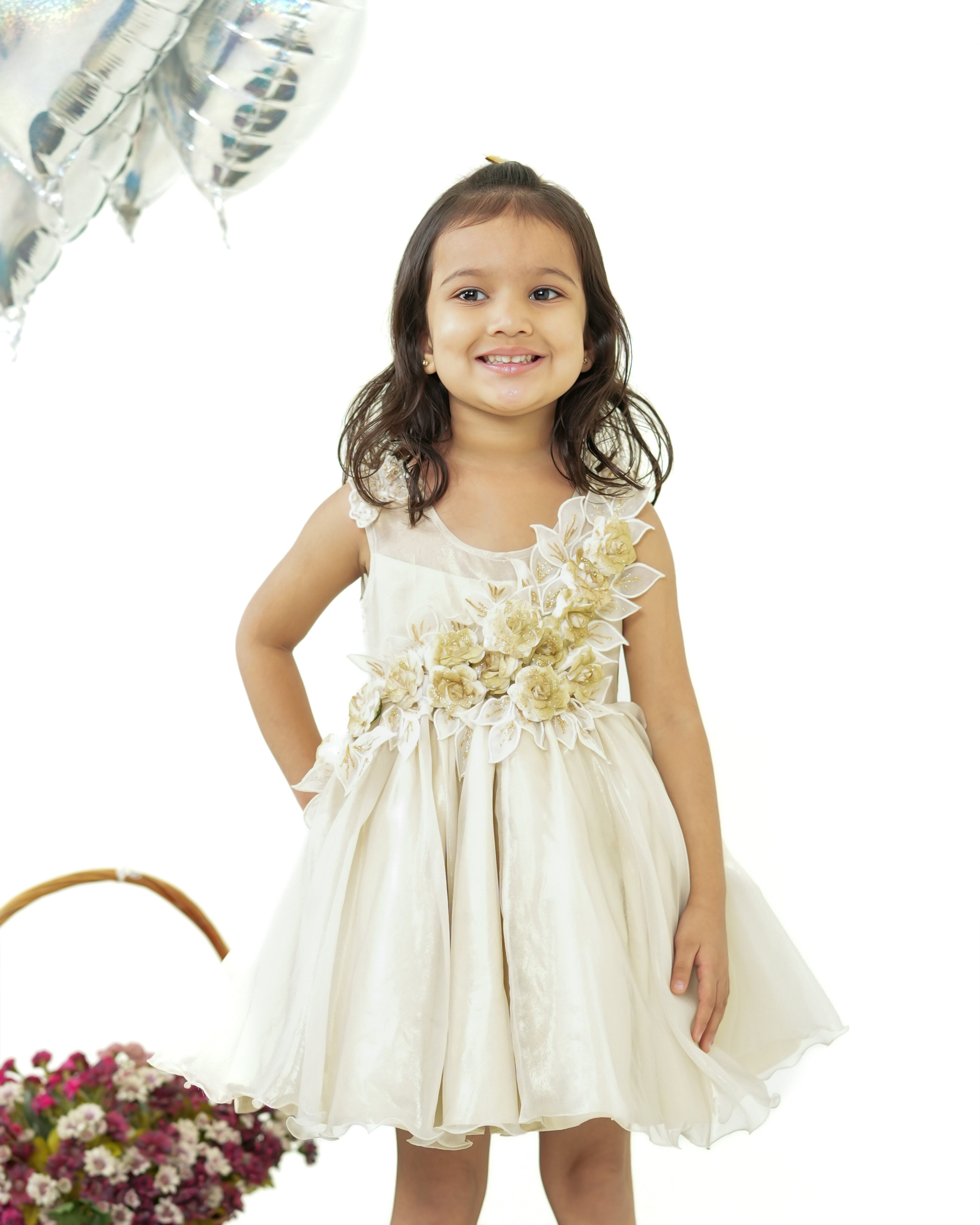Golden Roses Off-White Georgette Frock for Girls | Twirly Tutus Golden Roses Off-White Georgette Frock for Girls | Twirly Tutus