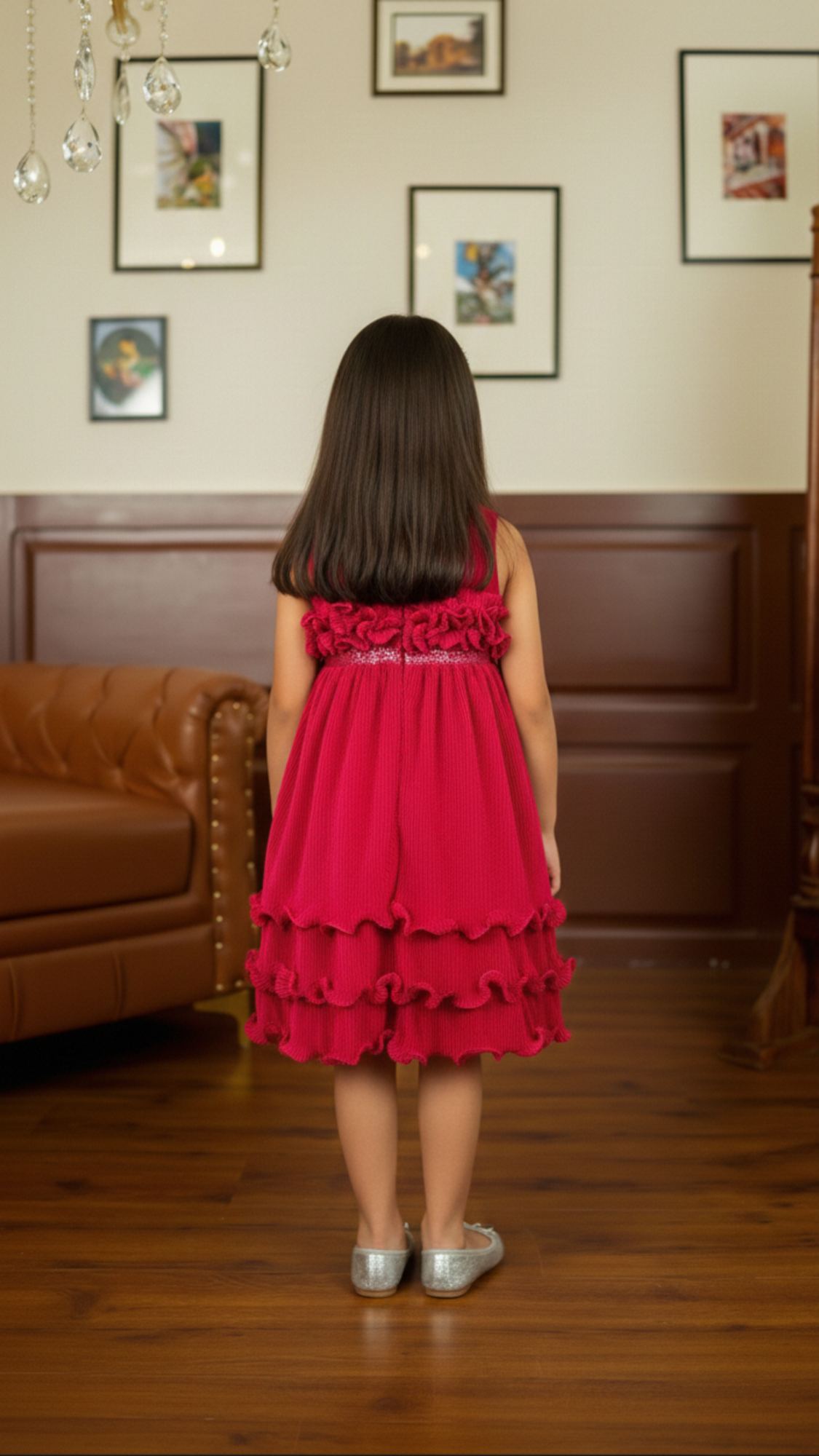 Young girl in a red dress standing in a room with wooden furniture and framed pictures on the wall.