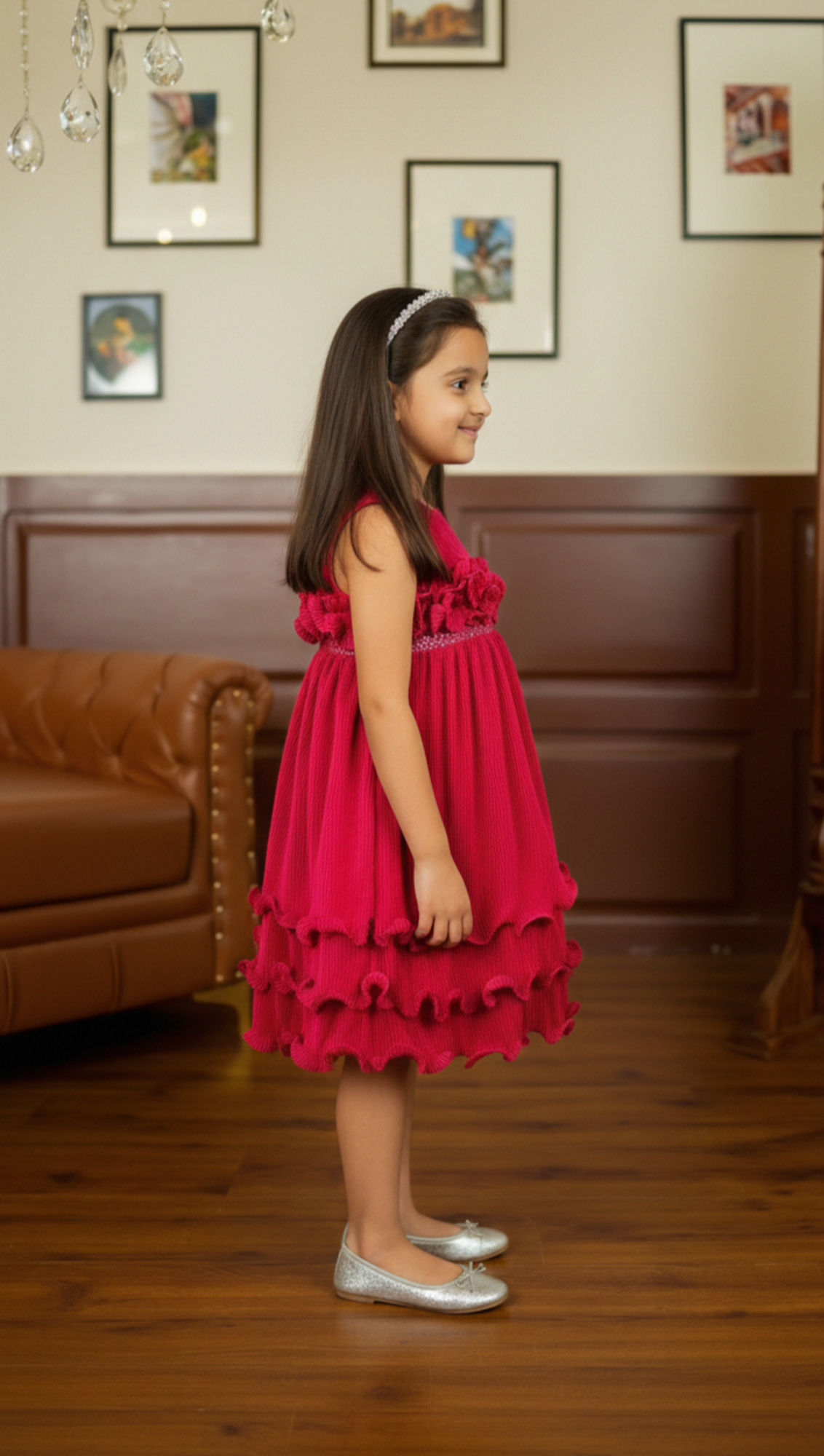 Young girl in a red dress standing in a room with wooden floor and brown furniture.