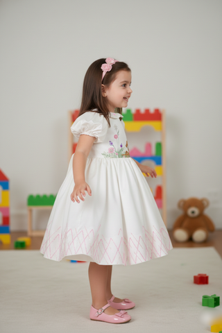 Young girl in a white dress standing in a room with colorful toys and a teddy bear.