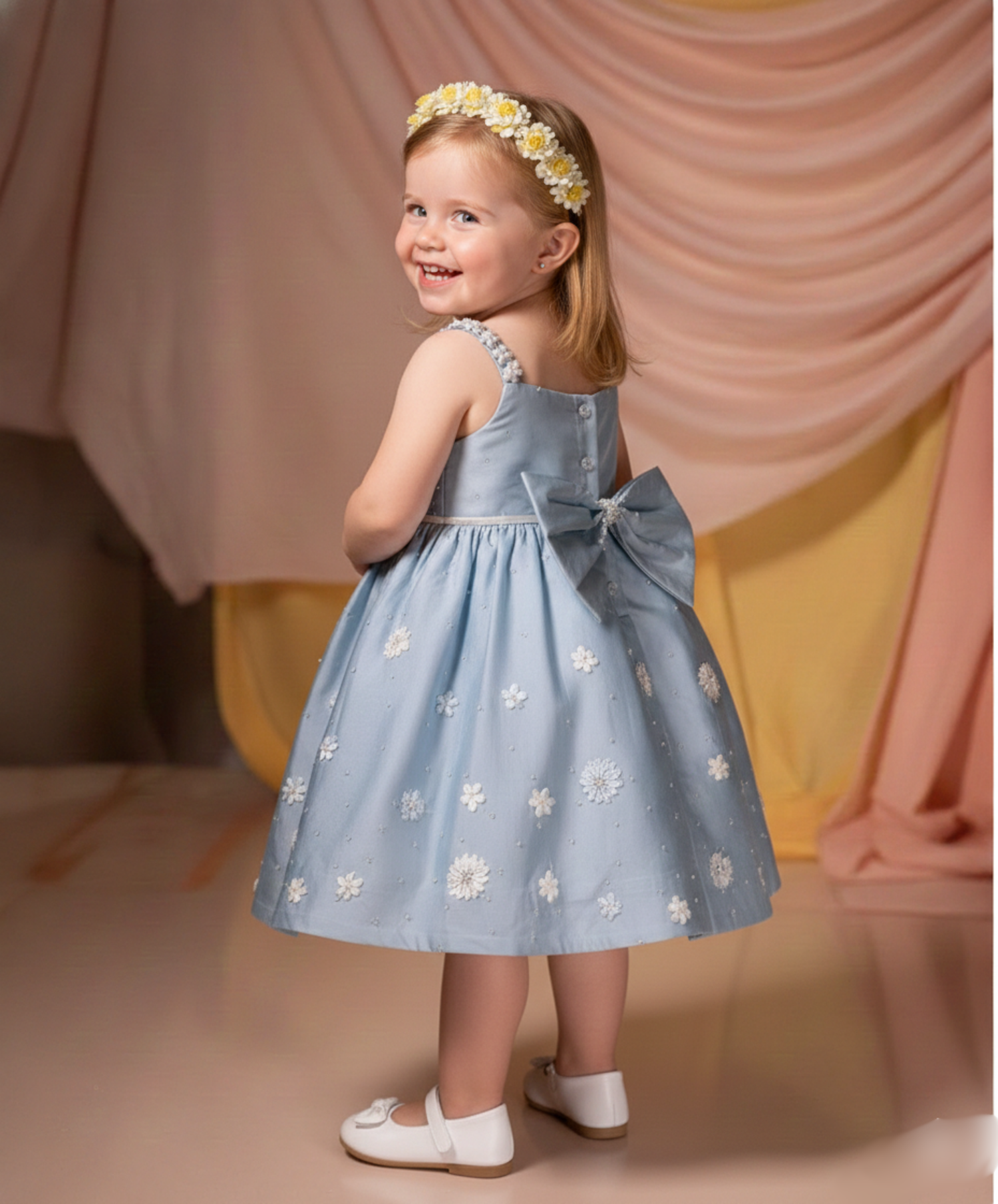Young girl in a blue floral dress with a bow, standing against a soft pink curtain.