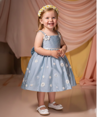 Young girl in a light blue floral dress with a yellow headband, standing against a soft pink and yellow curtain backdrop.
