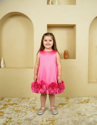 Young girl in a pink dress standing in a room with beige walls and a decorative rug.