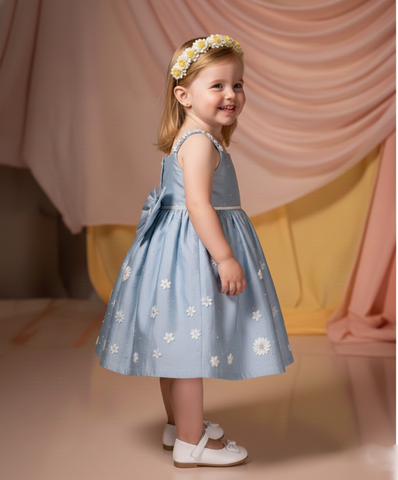Young girl in a blue dress with floral patterns standing against a soft pink and yellow background.