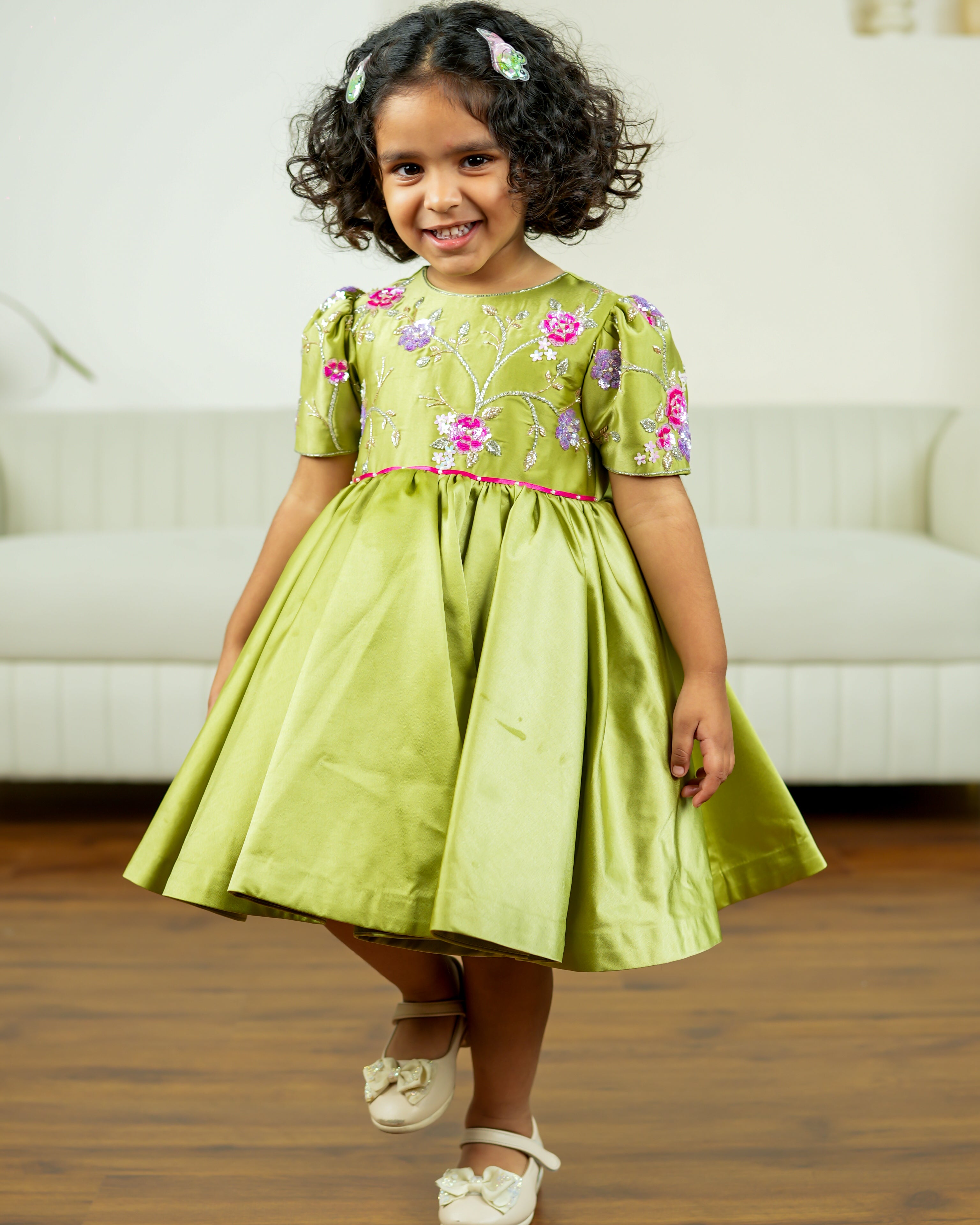Camellia Green Satin Tutu Dress for Girls
