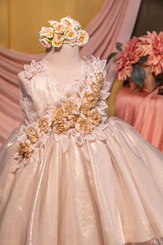 Golden Roses Foil Print Georgette Frock Front Twirly Tutus