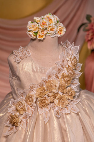 Golden Roses Foil Print Georgette Luxurious Frock Front View Twirly Tutus