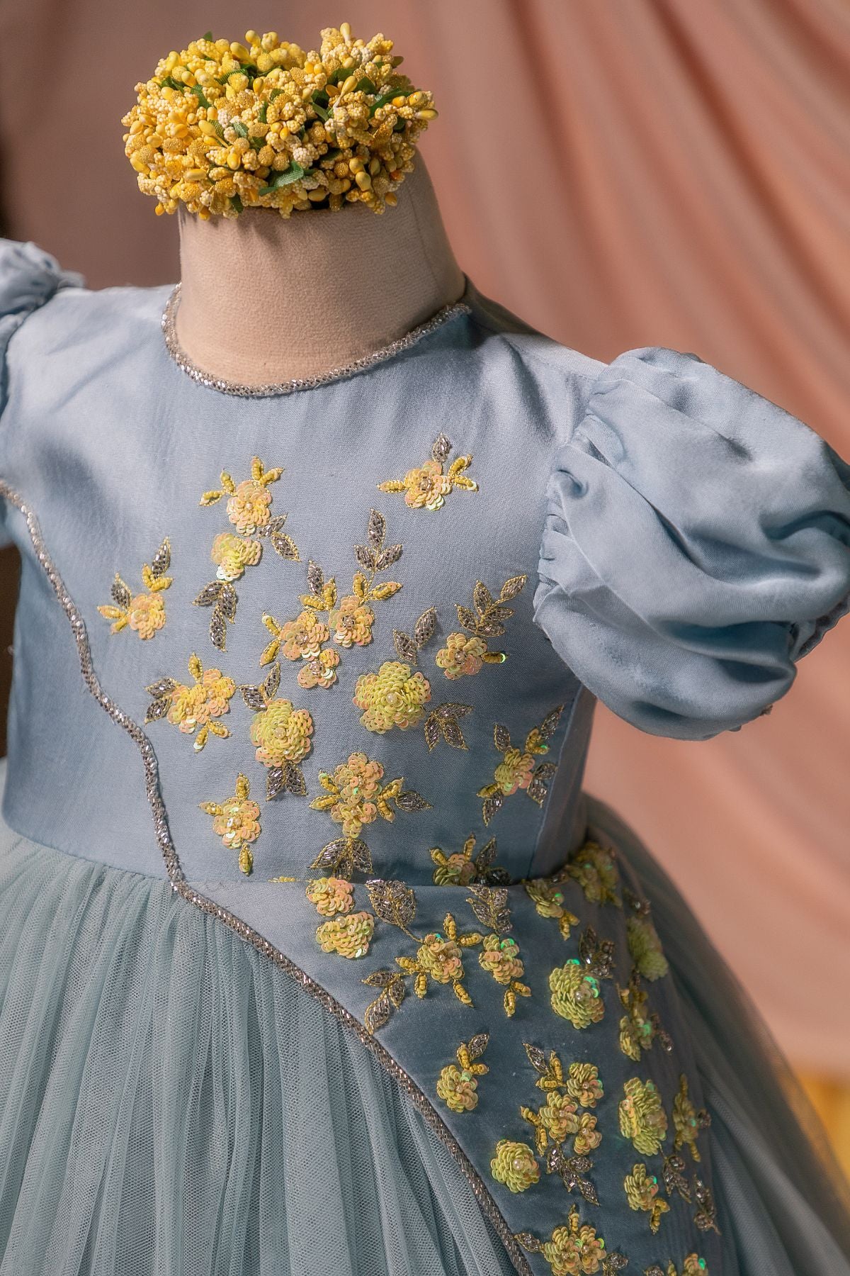 Zinnia Sky Blue Satin Yoke Frock Front Side View Twirly Tutus