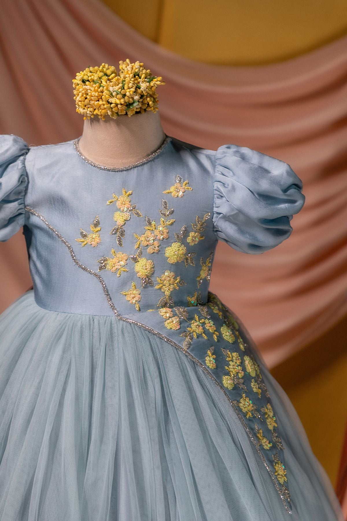 Zinnia Sky Blue Satin Yoke Frock Front View Twirly Tutus