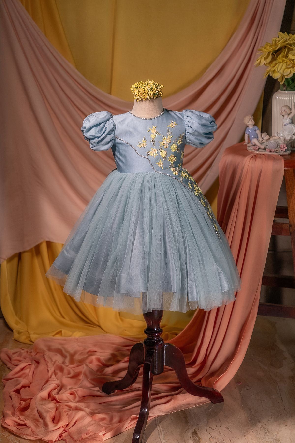 Zinnia Sky Blue Satin Yoke Frock Twirly Tutus